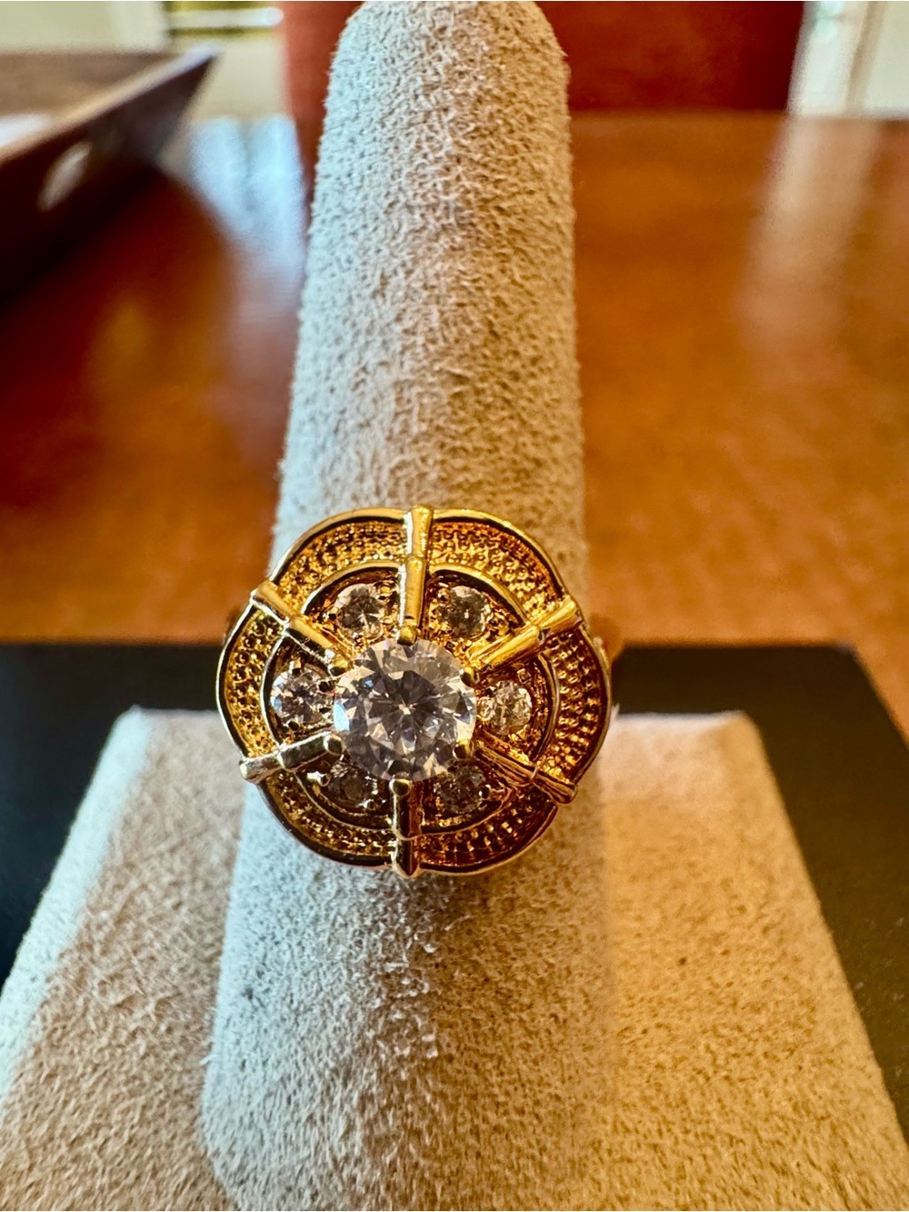 Gold-Tone Floral Halo Ring with Clear Center Stone